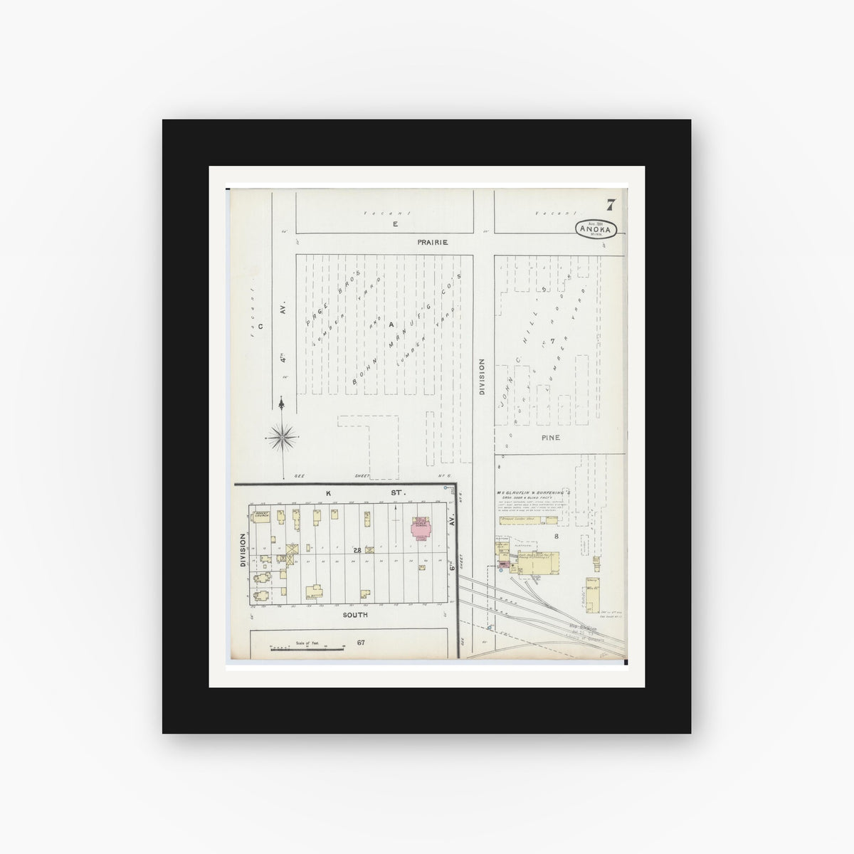 Old map wall art mockup — black gallery frame with white mat — Sanborn Fire Insurance Map from Anoka, Anoka County, Minnesota (1891), Sheet #0007