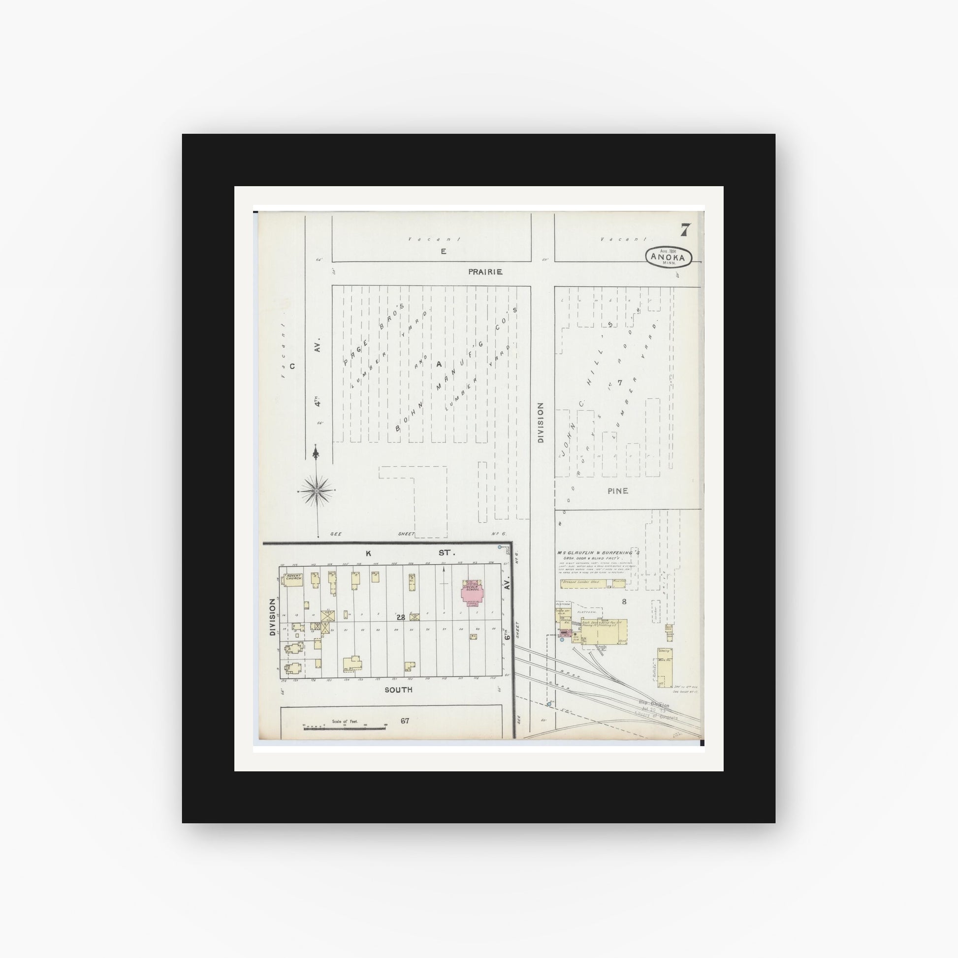 Old map wall art mockup — black gallery frame with white mat — Sanborn Fire Insurance Map from Anoka, Anoka County, Minnesota (1891), Sheet #0007