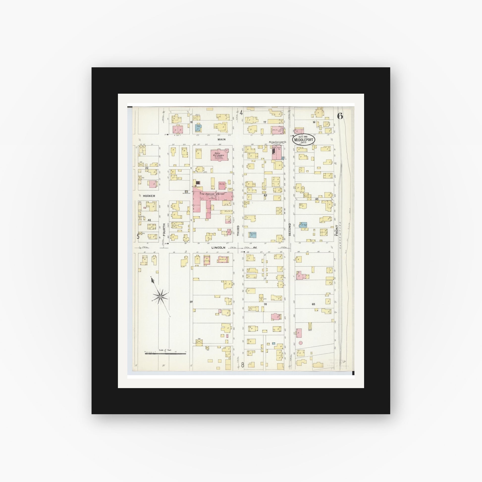 Old map wall art mockup — black gallery frame with white mat — Sanborn Fire Insurance Map from Middleport, Meigs County, Ohio (1908), Sheet #0006