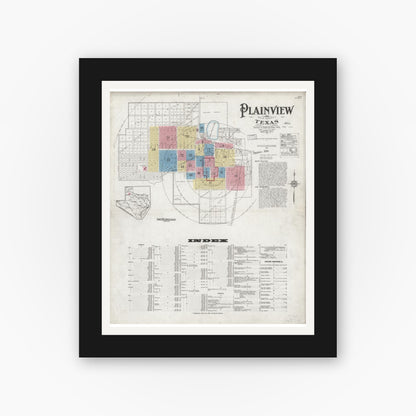 Old map wall art mockup — black gallery frame with white mat — Sanborn Fire Insurance Map from Plainview, Hale County, Texas (1927) - Complete Map Set