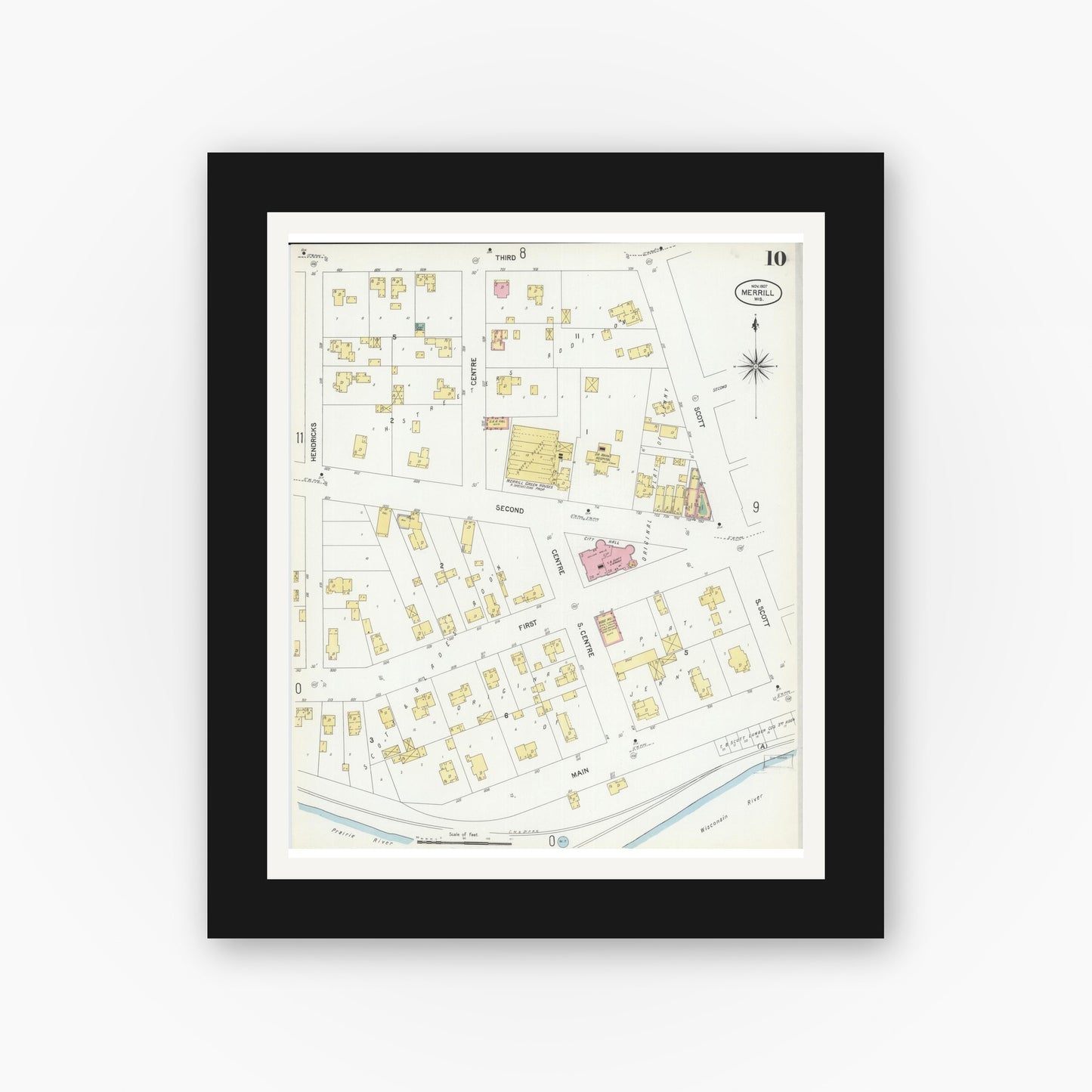 Old map wall art mockup — black gallery frame with white mat — Sanborn Fire Insurance Map from Merrill, Lincoln County, Wisconsin (1907), Sheet #0010