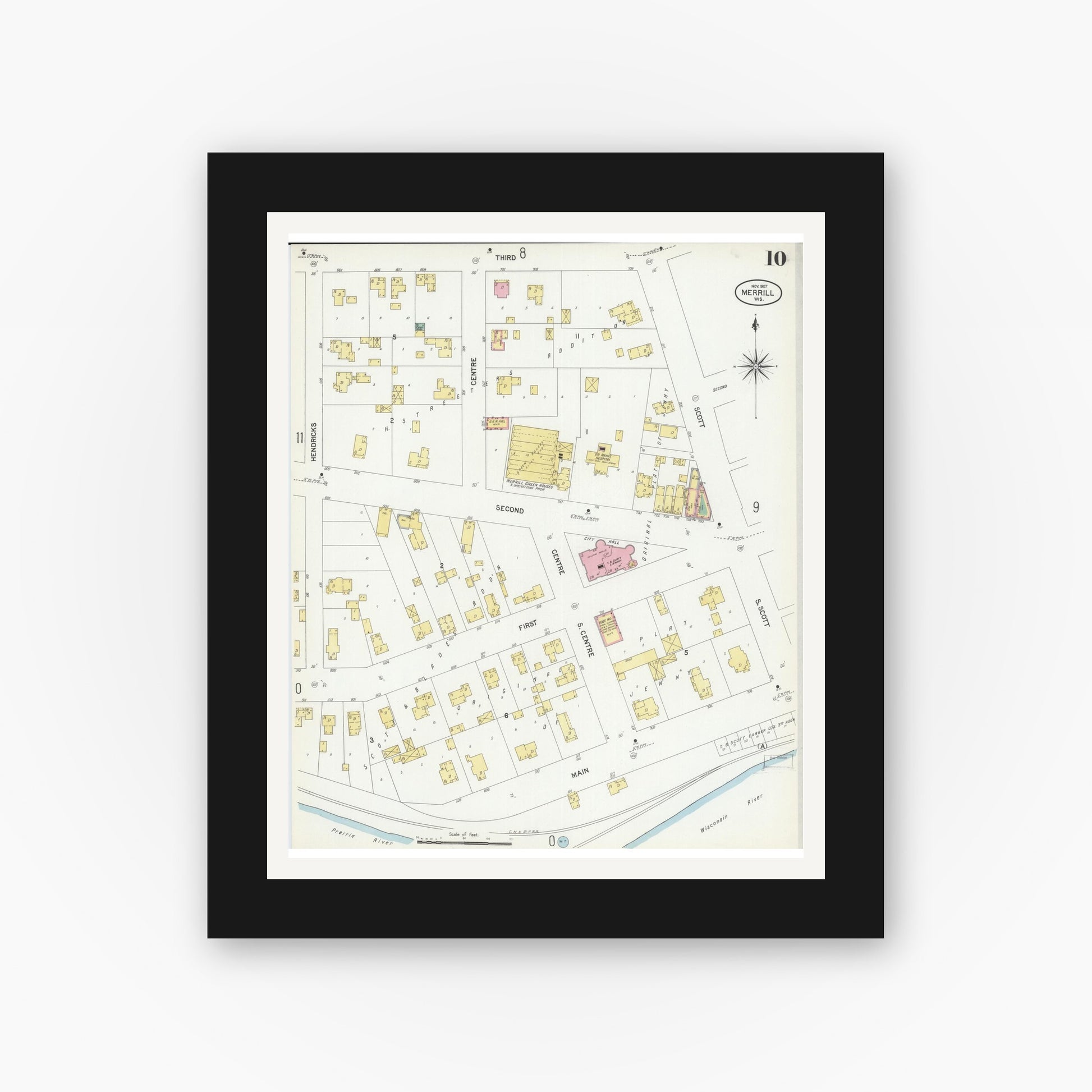 Old map wall art mockup — black gallery frame with white mat — Sanborn Fire Insurance Map from Merrill, Lincoln County, Wisconsin (1907), Sheet #0010