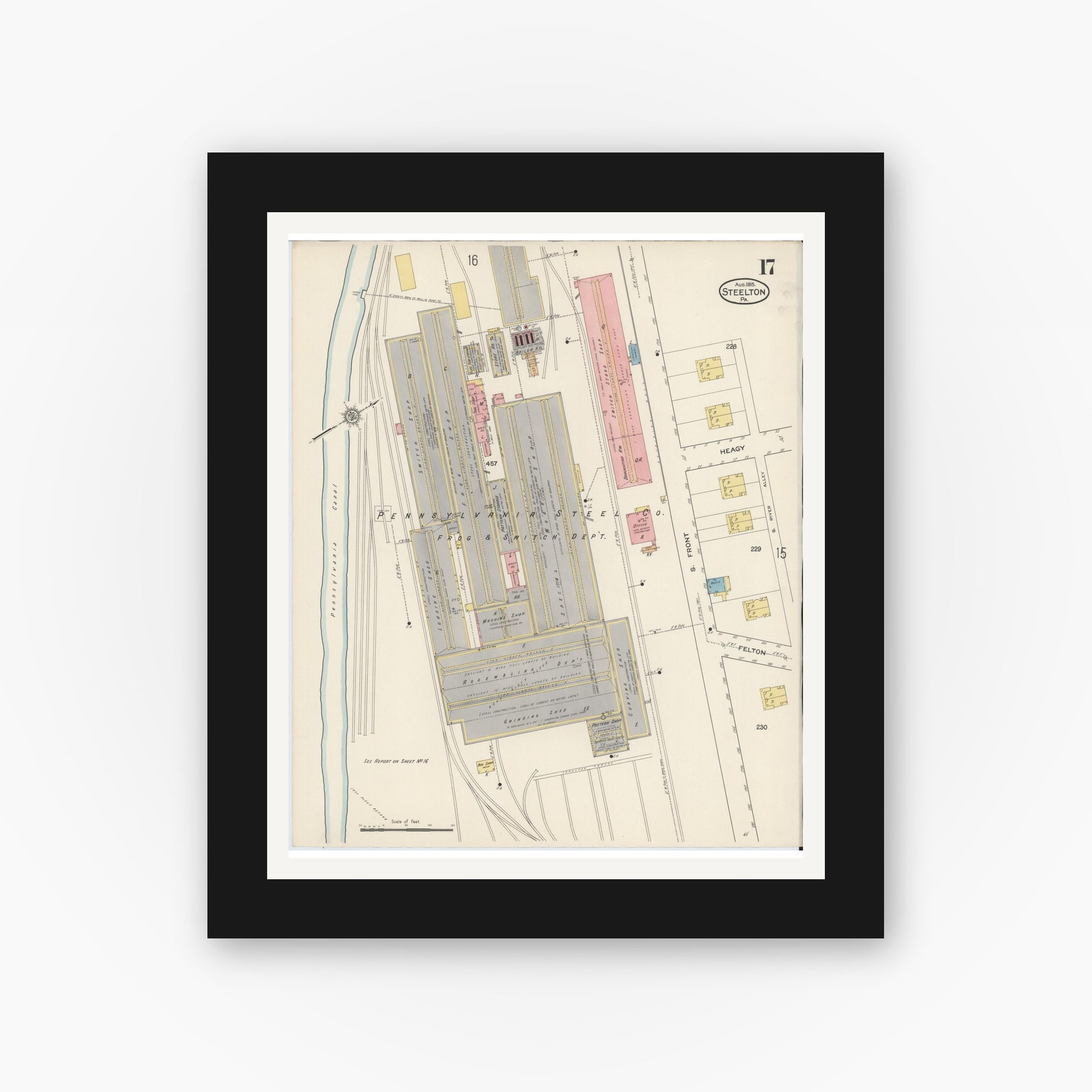 Old map wall art mockup — black gallery frame with white mat — Sanborn Fire Insurance Map from Steelton, Dauphin County, Pennsylvania (1915), Sheet #0017