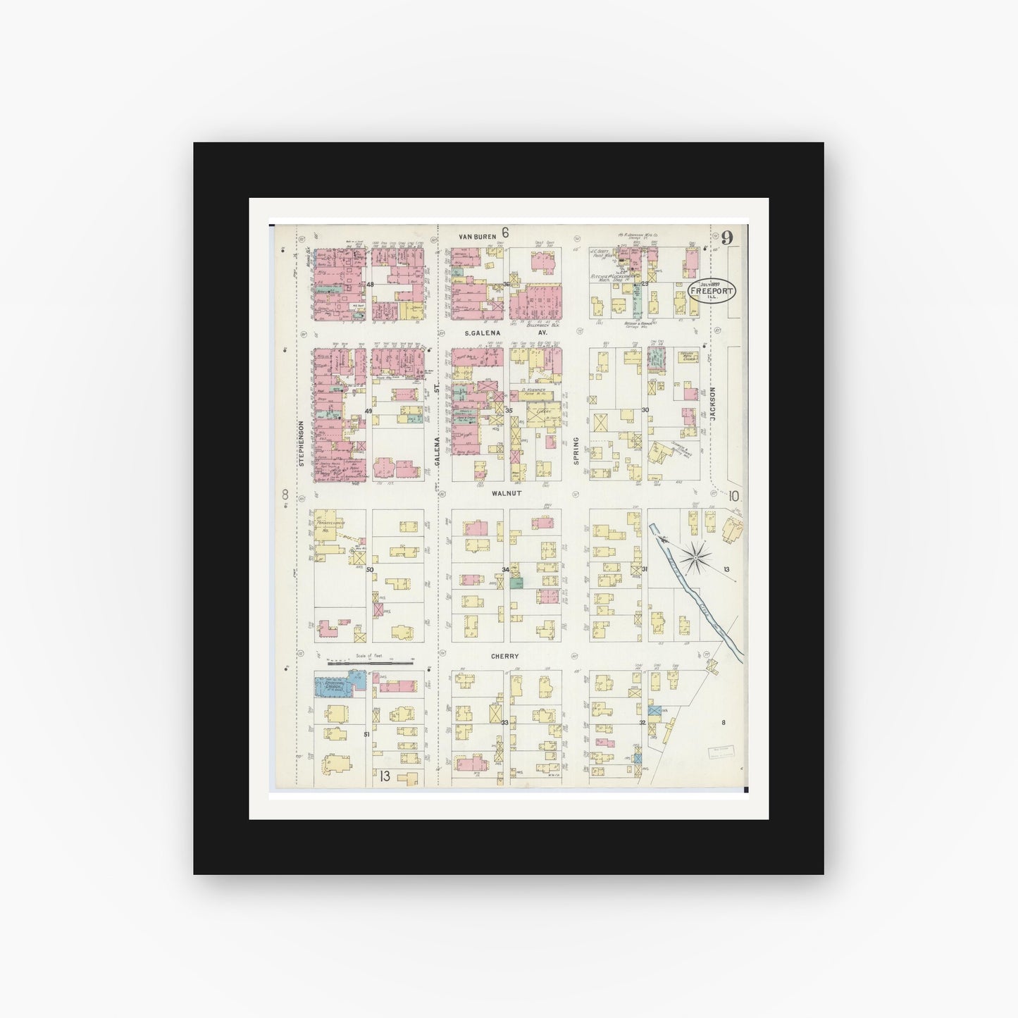 Old map wall art mockup — black gallery frame with white mat — Sanborn Fire Insurance Map from Freeport, Stephenson County, Illinois (1897), Sheet #0009