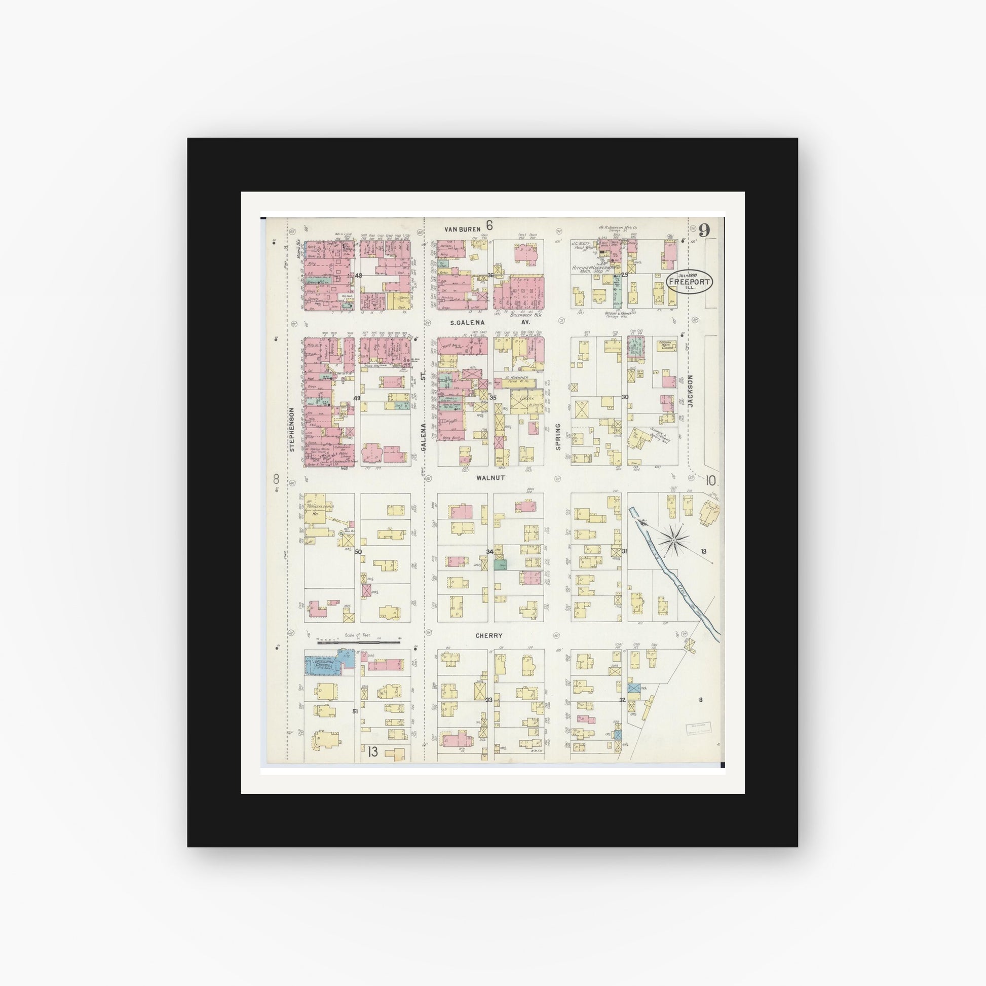 Old map wall art mockup — black gallery frame with white mat — Sanborn Fire Insurance Map from Freeport, Stephenson County, Illinois (1897), Sheet #0009