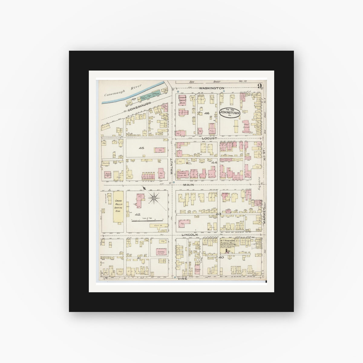 Old map wall art mockup — black gallery frame with white mat — Sanborn Fire Insurance Map from Johnstown, Cambria County, Pennsylvania (1886), Sheet #0009