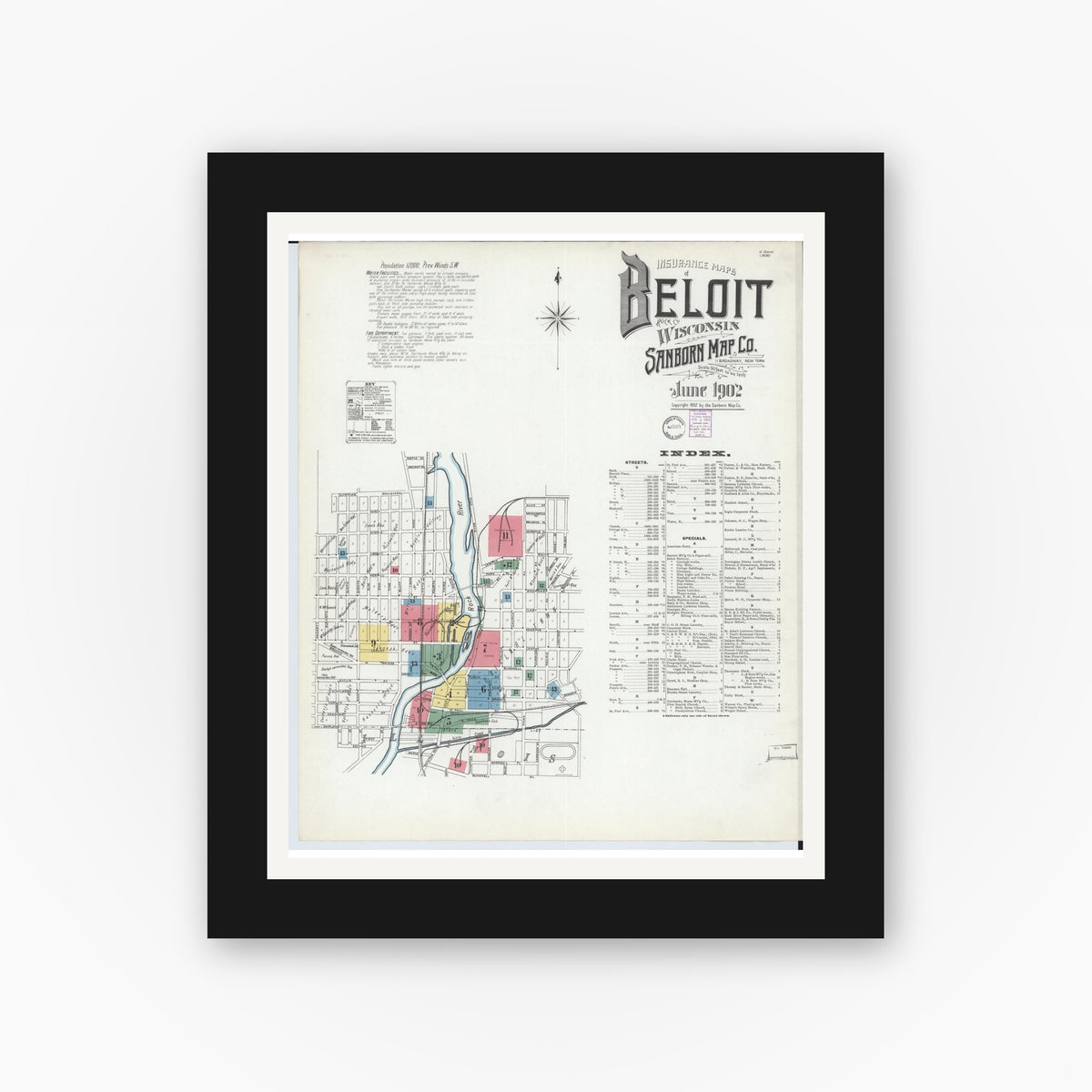 Old map wall art mockup — black gallery frame with white mat — Sanborn Fire Insurance Map from Beloit, Rock County, Wisconsin (1902), Sheet #0001