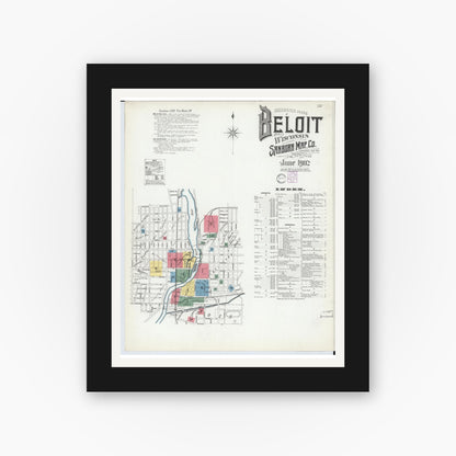 Old map wall art mockup — black gallery frame with white mat — Sanborn Fire Insurance Map from Beloit, Rock County, Wisconsin (1902), Sheet #0001