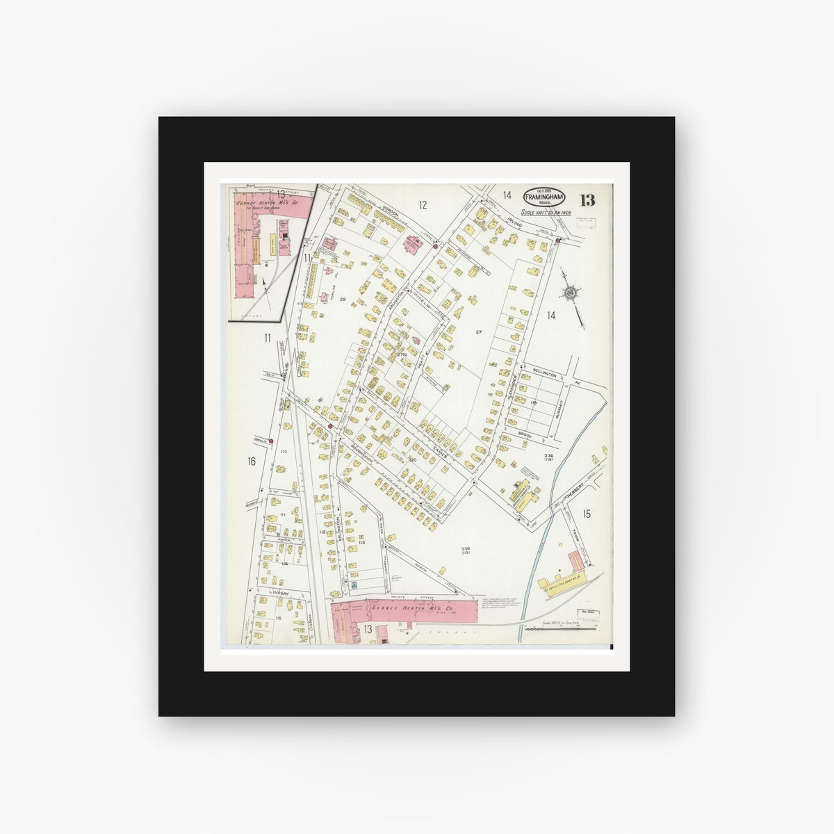 Old map wall art mockup — black gallery frame with white mat — Sanborn Fire Insurance Map from Framingham, Middlesex County, Massachusetts (1915), Sheet #0013