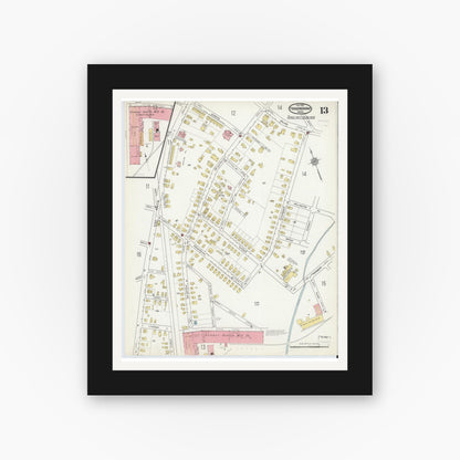 Old map wall art mockup — black gallery frame with white mat — Sanborn Fire Insurance Map from Framingham, Middlesex County, Massachusetts (1915), Sheet #0013