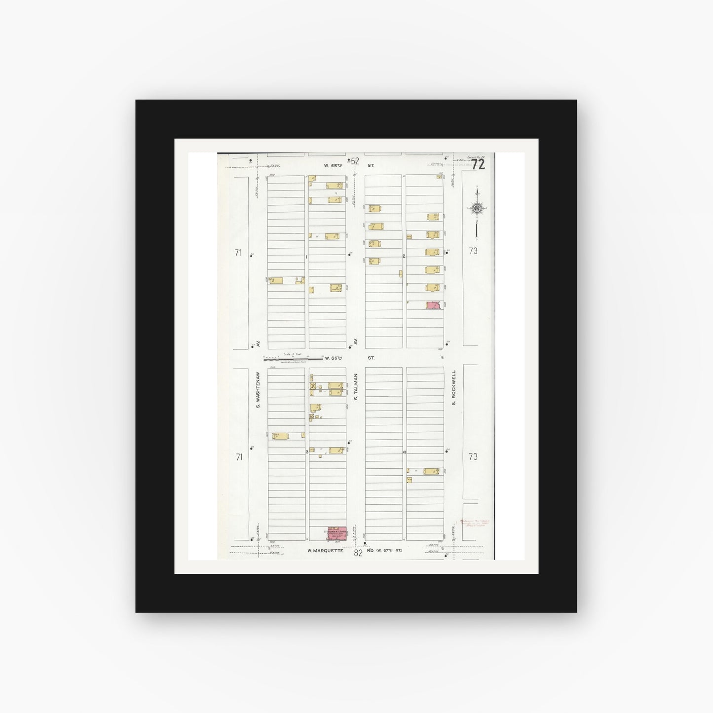 Old map wall art mockup — black gallery frame with white mat — Sanborn Fire Insurance Map from Chicago, Cook County, Illinois (1920), Sheet #0072