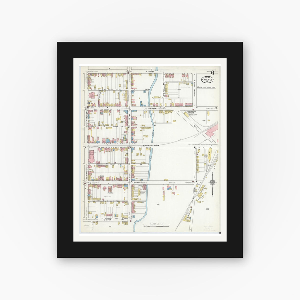 Old map wall art mockup — black gallery frame with white mat — Sanborn Fire Insurance Map from Carlisle, Cumberland County, Pennsylvania (1915), Sheet #0006
