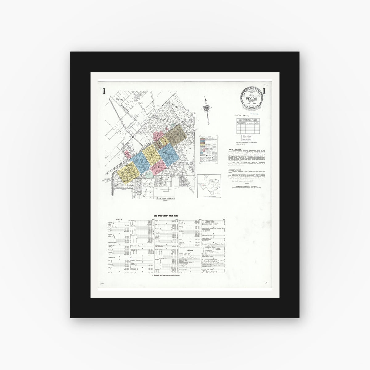 Old map wall art mockup — black gallery frame with white mat — Sanborn Fire Insurance Map from Pecos, Reeves County, Texas (1939) - Complete Map Set