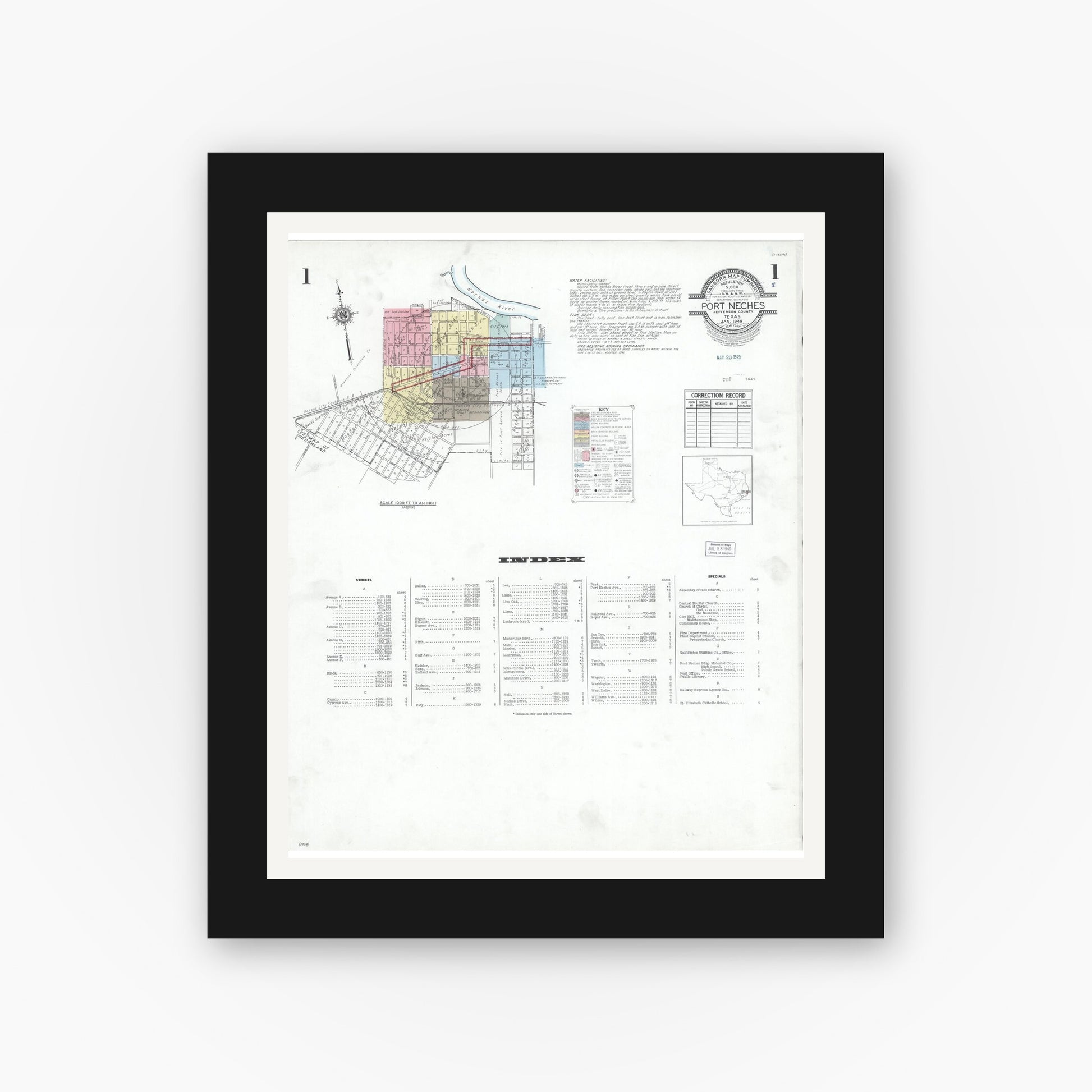 Old map wall art mockup — black gallery frame with white mat — Sanborn Fire Insurance Map from Port Neches, Jefferson County, Texas (1949), Sheet #0001