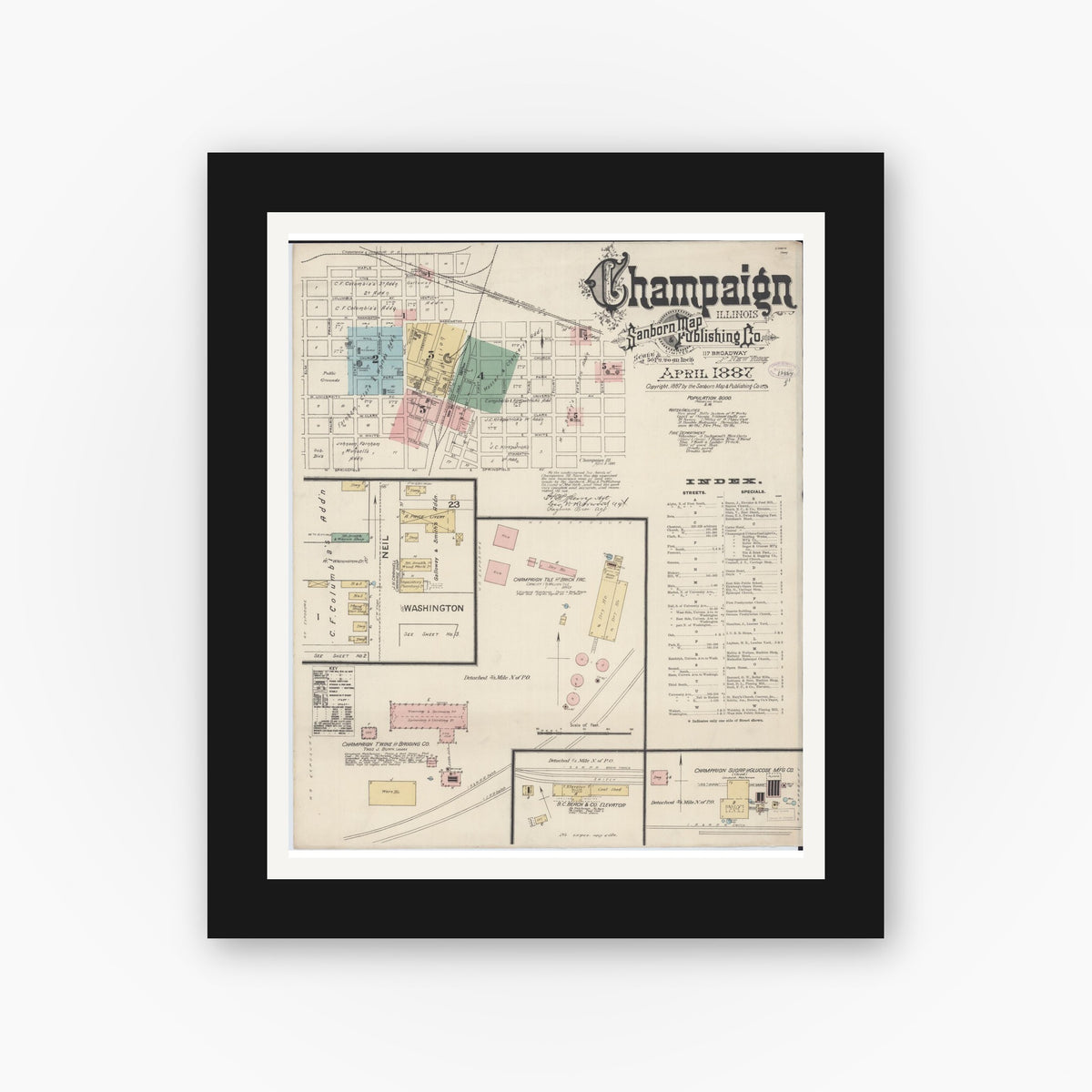 Old map wall art mockup — black gallery frame with white mat — Sanborn Fire Insurance Map from Champaign, Champaign County, Illinois (1887), Sheet #0001