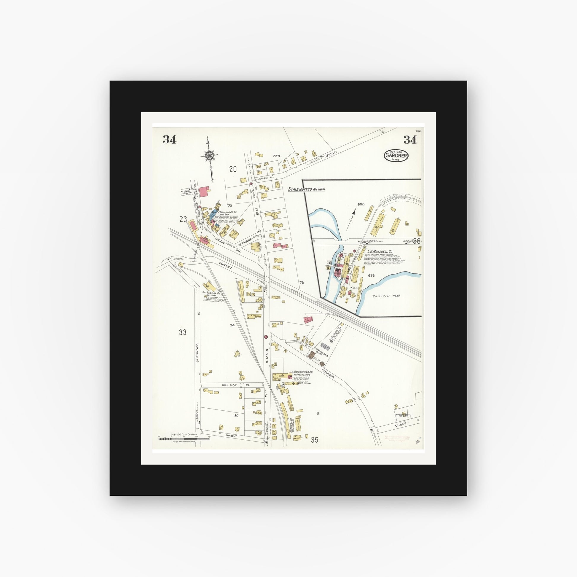 Old map wall art mockup — black gallery frame with white mat — Sanborn Fire Insurance Map from Gardner, Worcester County, Massachusetts (1923), Sheet #0034