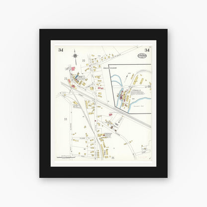 Old map wall art mockup — black gallery frame with white mat — Sanborn Fire Insurance Map from Gardner, Worcester County, Massachusetts (1923), Sheet #0034