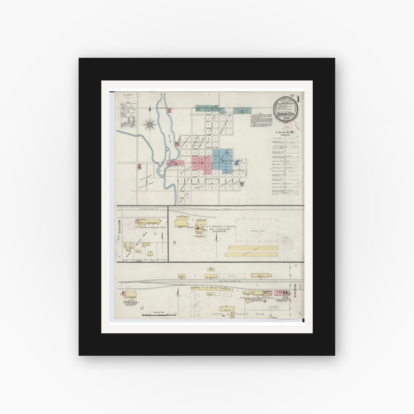 Old map wall art mockup — black gallery frame with white mat — Sanborn Fire Insurance Map from Carson City, Montcalm County, Michigan (1894), Sheet #0001