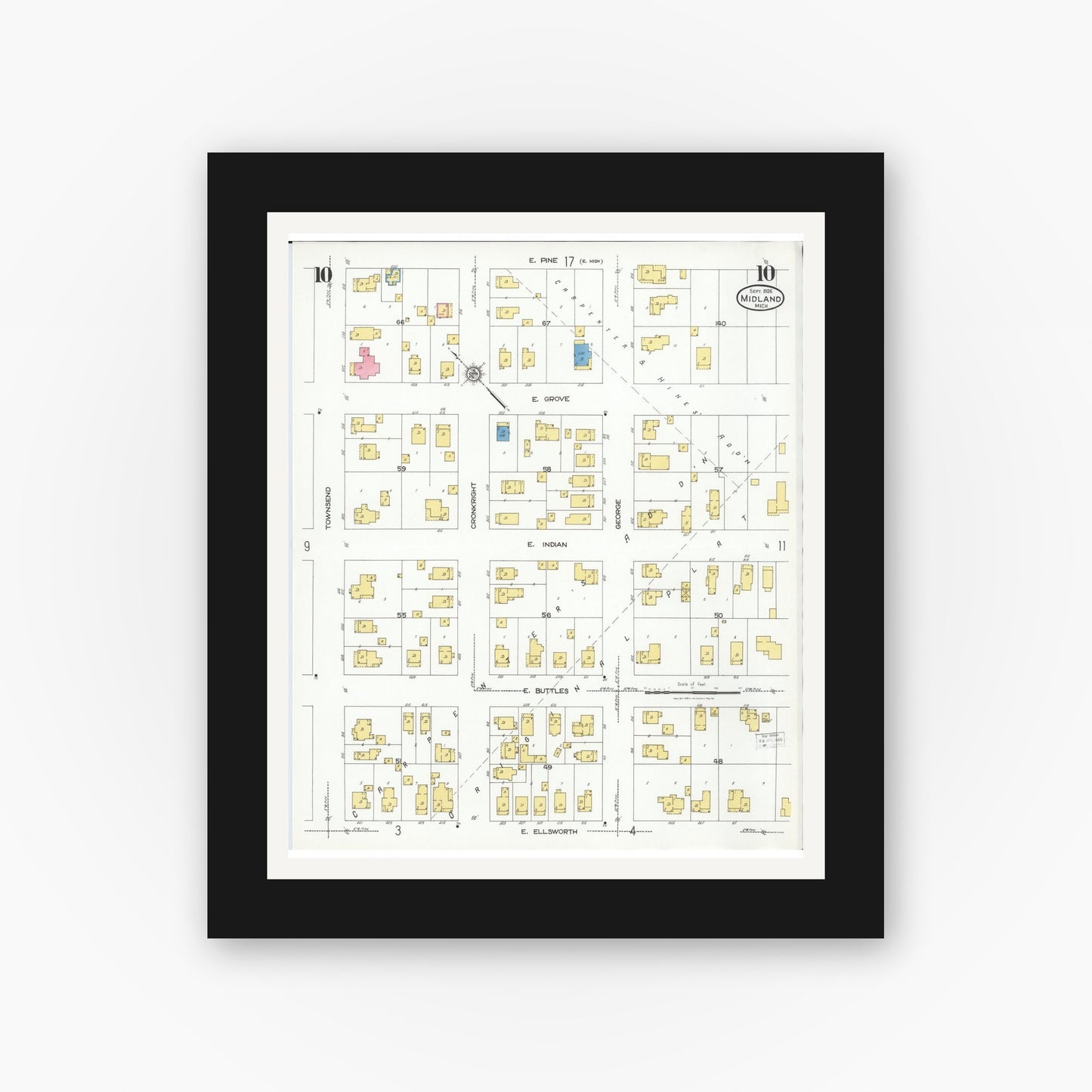 Old map wall art mockup — black gallery frame with white mat — Sanborn Fire Insurance Map from Midland, Midland County, Michigan (1926), Sheet #0010