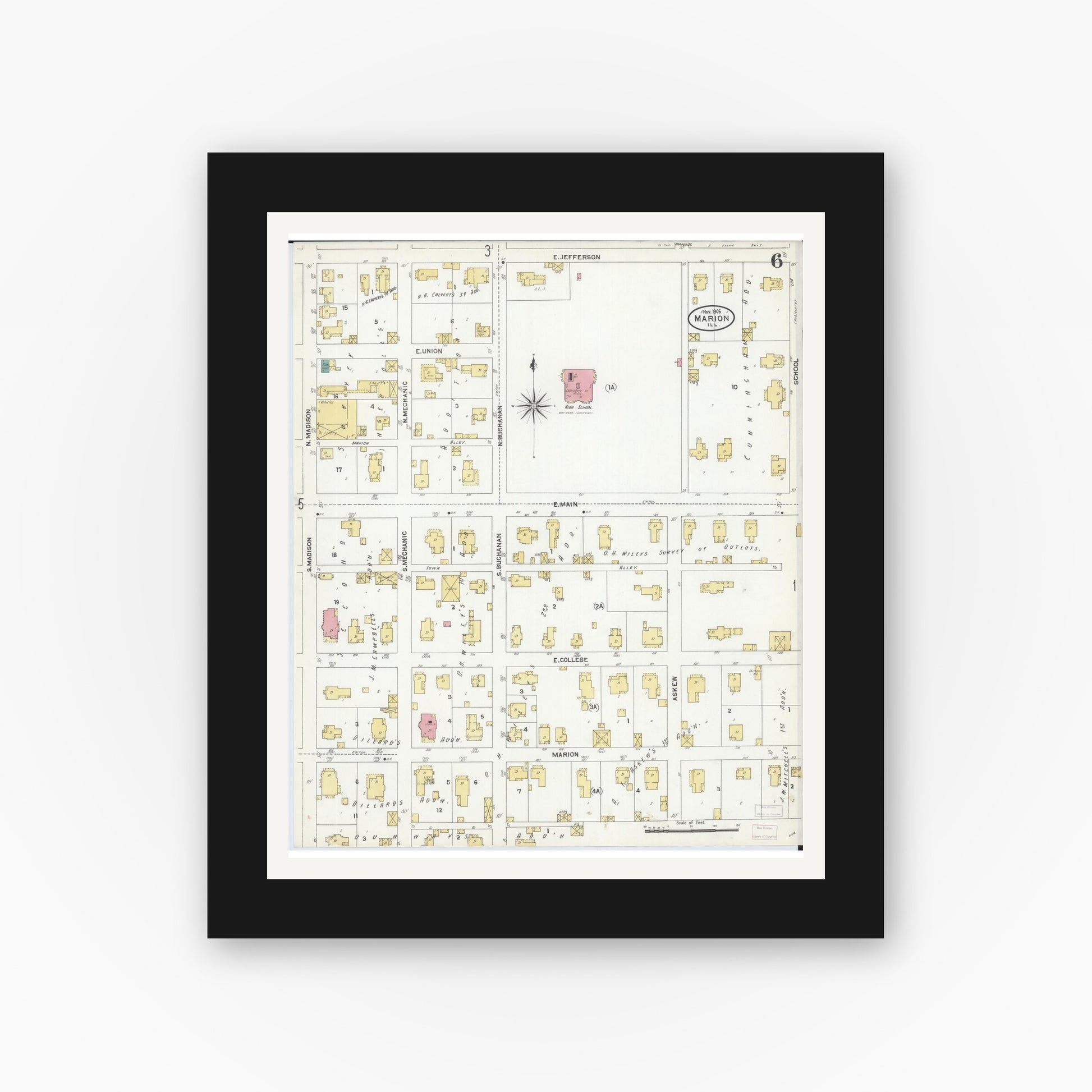 Old map wall art mockup — black gallery frame with white mat — Sanborn Fire Insurance Map from Marion, Williamson County, Illinois (1906), Sheet #0006