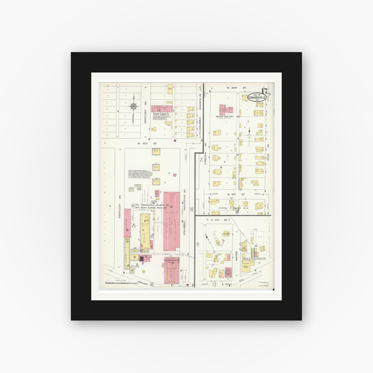 Old map wall art mockup — black gallery frame with white mat — Sanborn Fire Insurance Map from Connersville, Fayette County, Indiana (1913), Sheet #0017