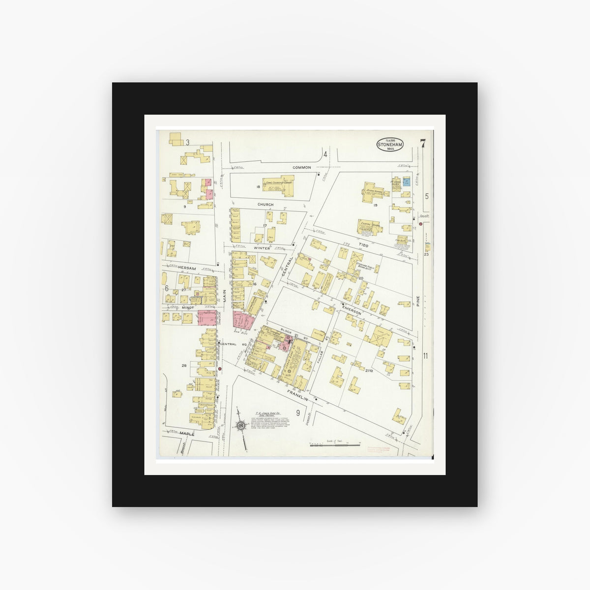 Old map wall art mockup — black gallery frame with white mat — Sanborn Fire Insurance Map from Stoneham, Middlesex County, Massachusetts (1916), Sheet #0007