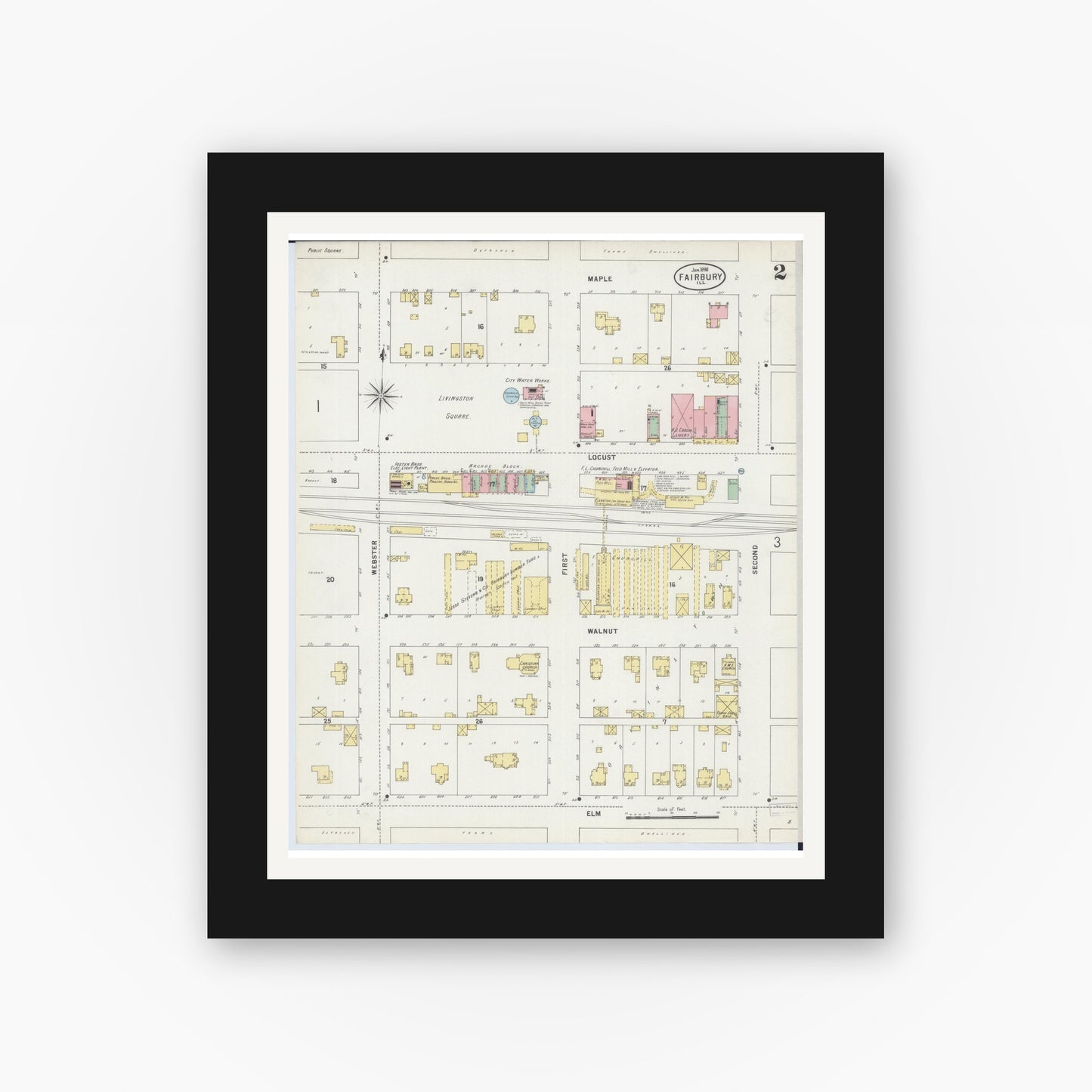 Old map wall art mockup — black gallery frame with white mat — Sanborn Fire Insurance Map from Fairbury, Livingston County, Illinois (1898), Sheet #0002