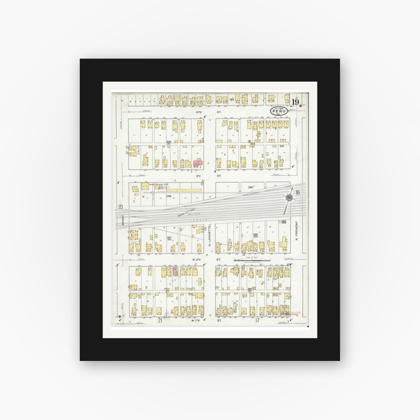 Old map wall art mockup — black gallery frame with white mat — Sanborn Fire Insurance Map from Peru, Miami County, Indiana (1920), Sheet #0019