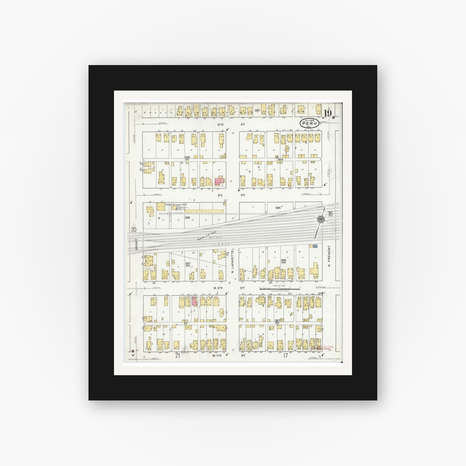 Old map wall art mockup — black gallery frame with white mat — Sanborn Fire Insurance Map from Peru, Miami County, Indiana (1920), Sheet #0019