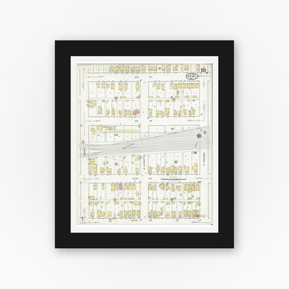 Old map wall art mockup — black gallery frame with white mat — Sanborn Fire Insurance Map from Peru, Miami County, Indiana (1920), Sheet #0019