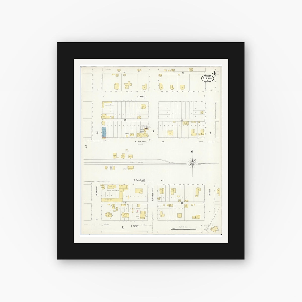Old map wall art mockup — black gallery frame with white mat — Sanborn Fire Insurance Map from Luling, Caldwell County, Texas (1907), Sheet #0004