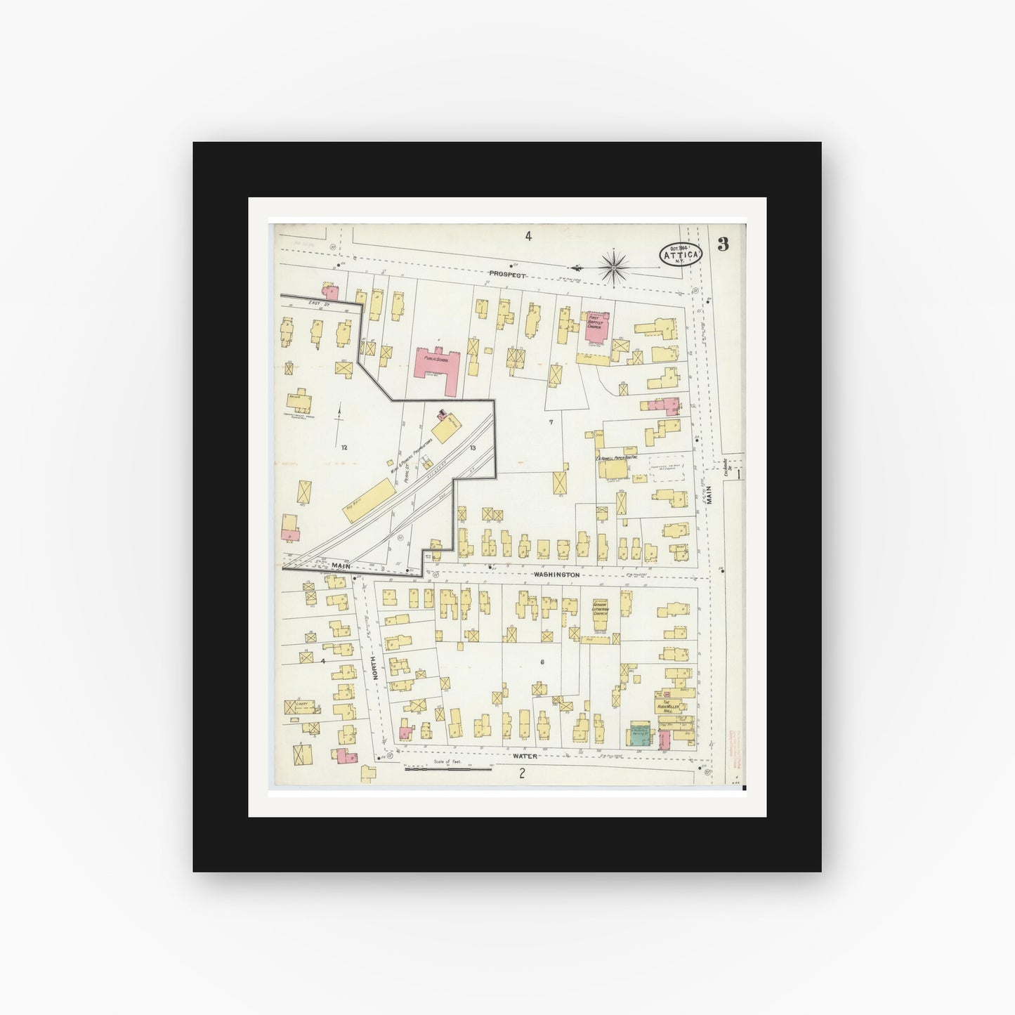 Old map wall art mockup — black gallery frame with white mat — Sanborn Fire Insurance Map from Attica, Wyoming County, New York (1904), Sheet #0003