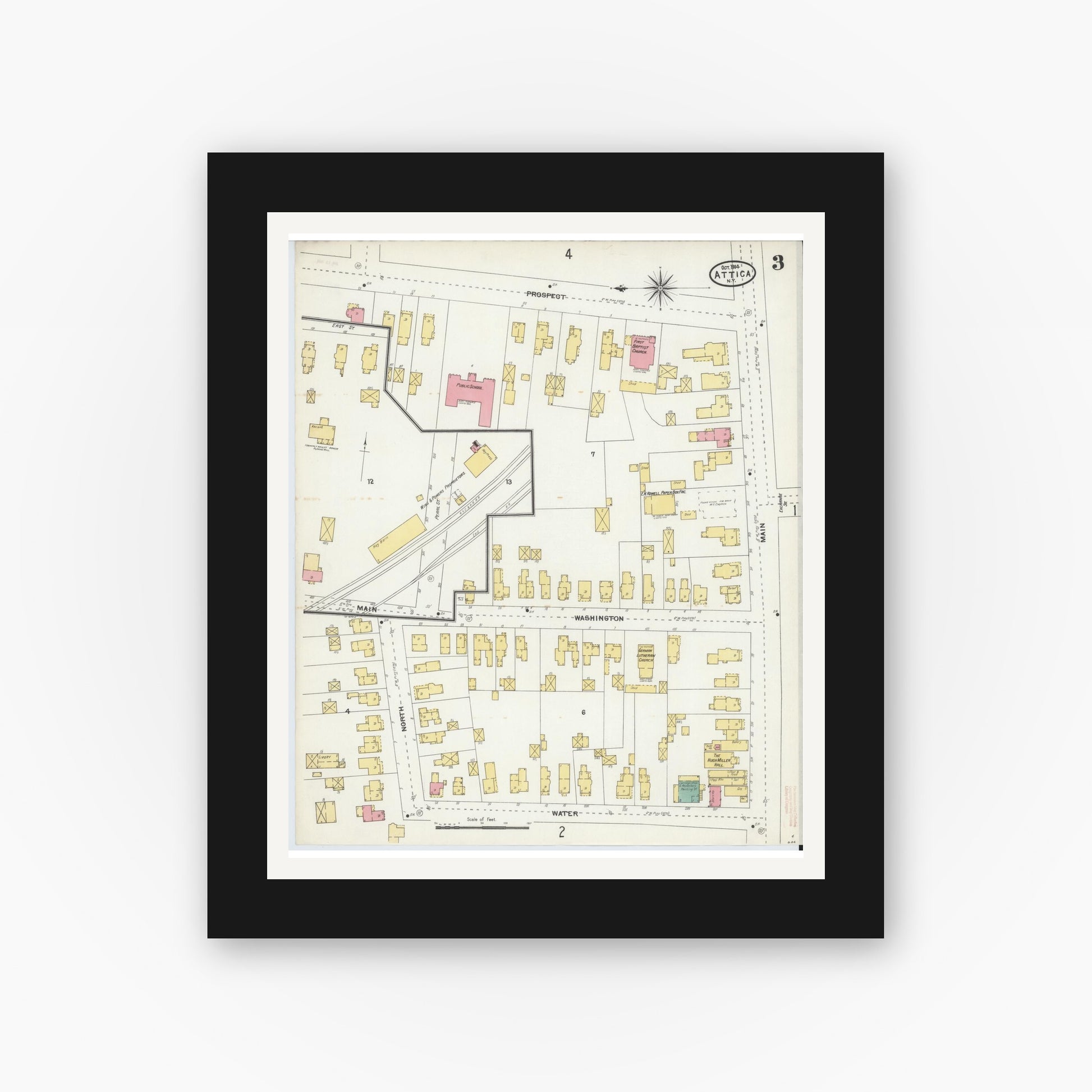 Old map wall art mockup — black gallery frame with white mat — Sanborn Fire Insurance Map from Attica, Wyoming County, New York (1904), Sheet #0003