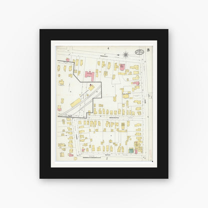 Old map wall art mockup — black gallery frame with white mat — Sanborn Fire Insurance Map from Attica, Wyoming County, New York (1904), Sheet #0003