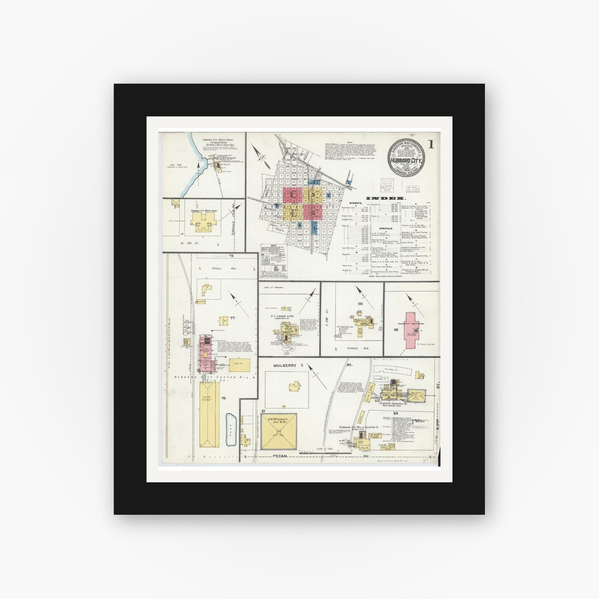 Old map wall art mockup — black gallery frame with white mat — Sanborn Fire Insurance Map from Hubbard, Hill County, Texas (1904), Sheet #0001