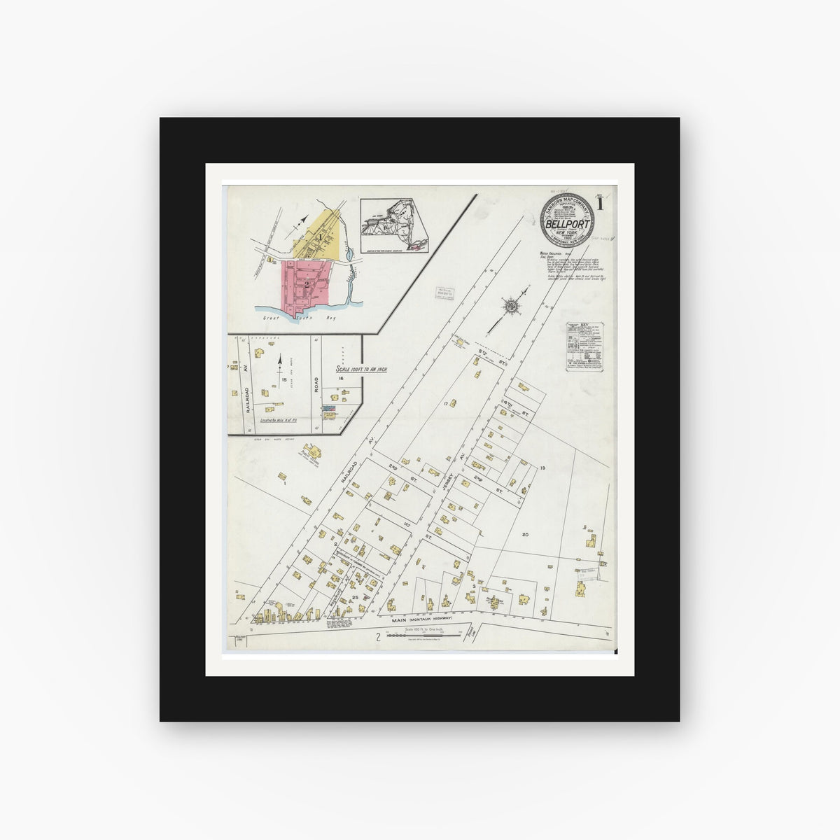 Old map wall art mockup — black gallery frame with white mat — Sanborn Fire Insurance Map from Bellport, Suffolk County, New York (1920) - Complete Map Set