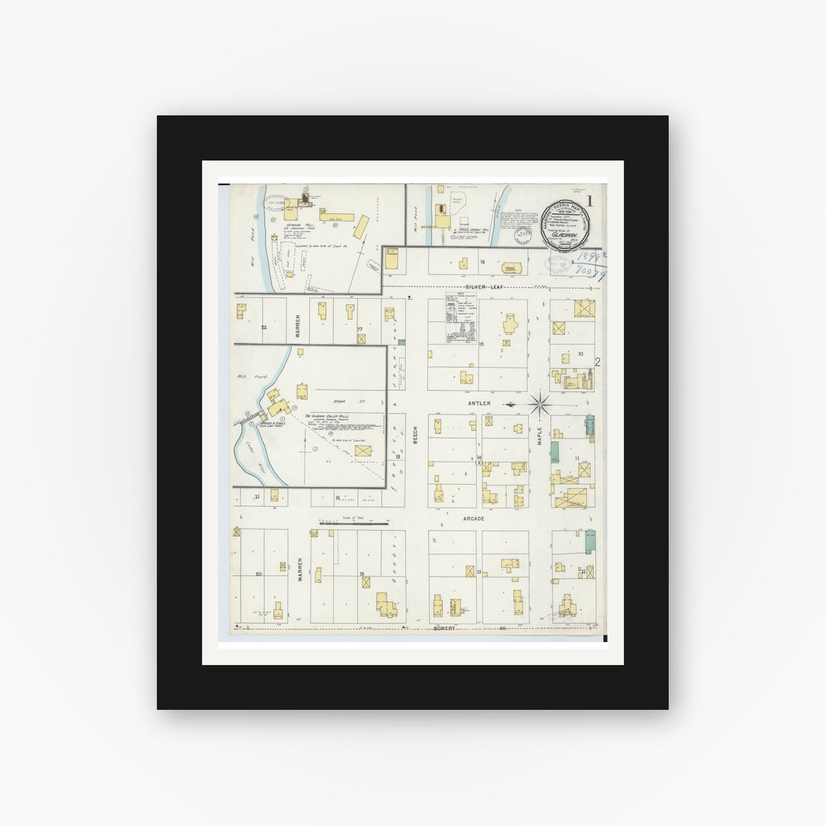 Old map wall art mockup — black gallery frame with white mat — Sanborn Fire Insurance Map from Gladwin, Gladwin County, Michigan (1898), Sheet #0001