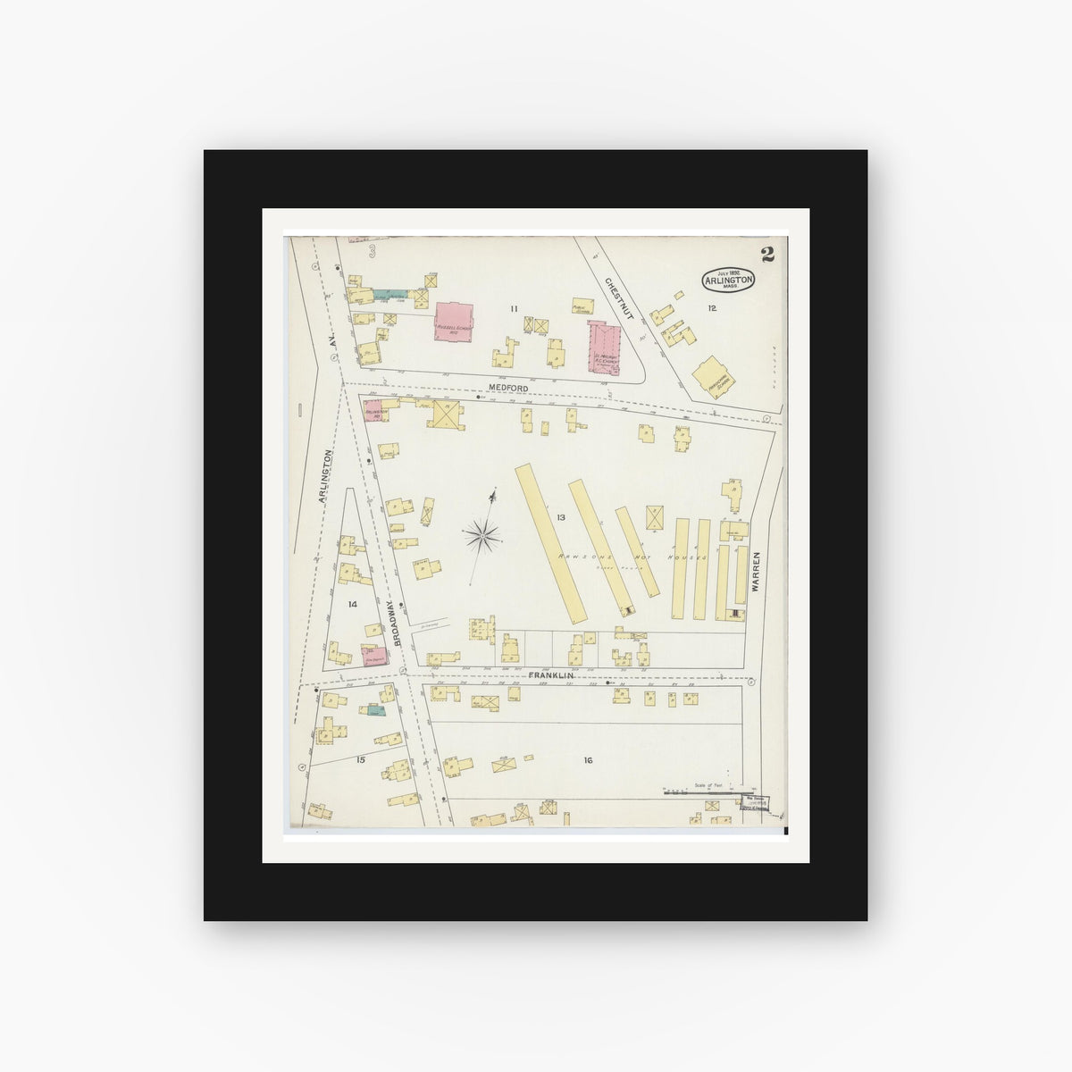 Old map wall art mockup — black gallery frame with white mat — Sanborn Fire Insurance Map from Arlington, Middlesex County, Massachusetts (1892), Sheet #0002