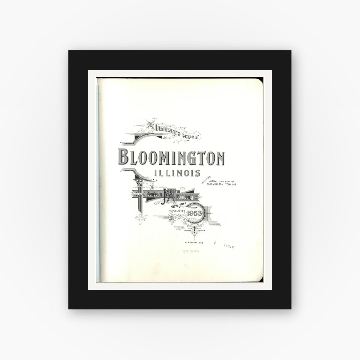 Old map wall art mockup — black gallery frame with white mat — Sanborn Fire Insurance Map from Bloomington, McLean County, Illinois (1953), Sheet #0001