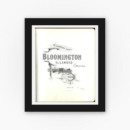 Old map wall art mockup — black gallery frame with white mat — Sanborn Fire Insurance Map from Bloomington, McLean County, Illinois (1953), Sheet #0001