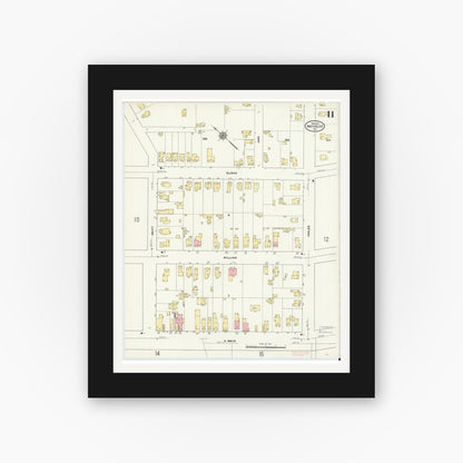 Old map wall art mockup — black gallery frame with white mat — Sanborn Fire Insurance Map from Waterloo, Seneca County, New York (1911), Sheet #0011