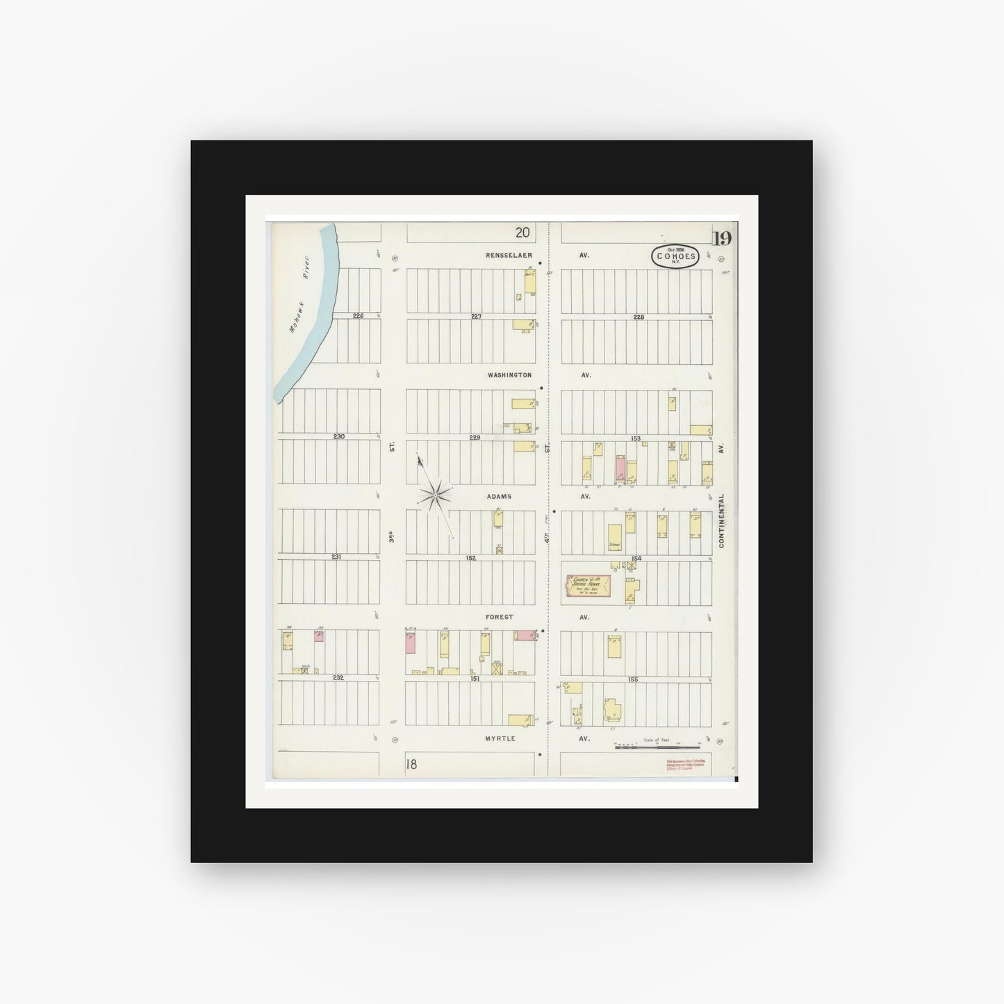 Old map wall art mockup — black gallery frame with white mat — Sanborn Fire Insurance Map from Cohoes, Albany County, New York (1896), Sheet #0019