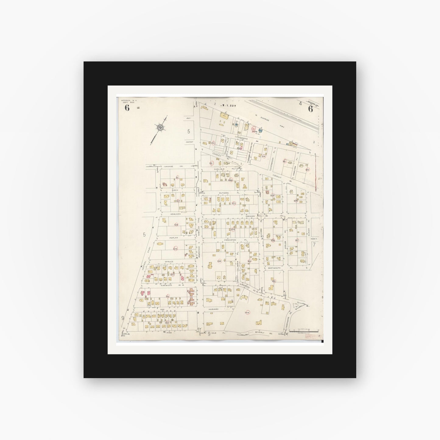 Old map wall art mockup — black gallery frame with white mat — Sanborn Fire Insurance Map from Merrick, Nassau County, New York (1947), Sheet #0006