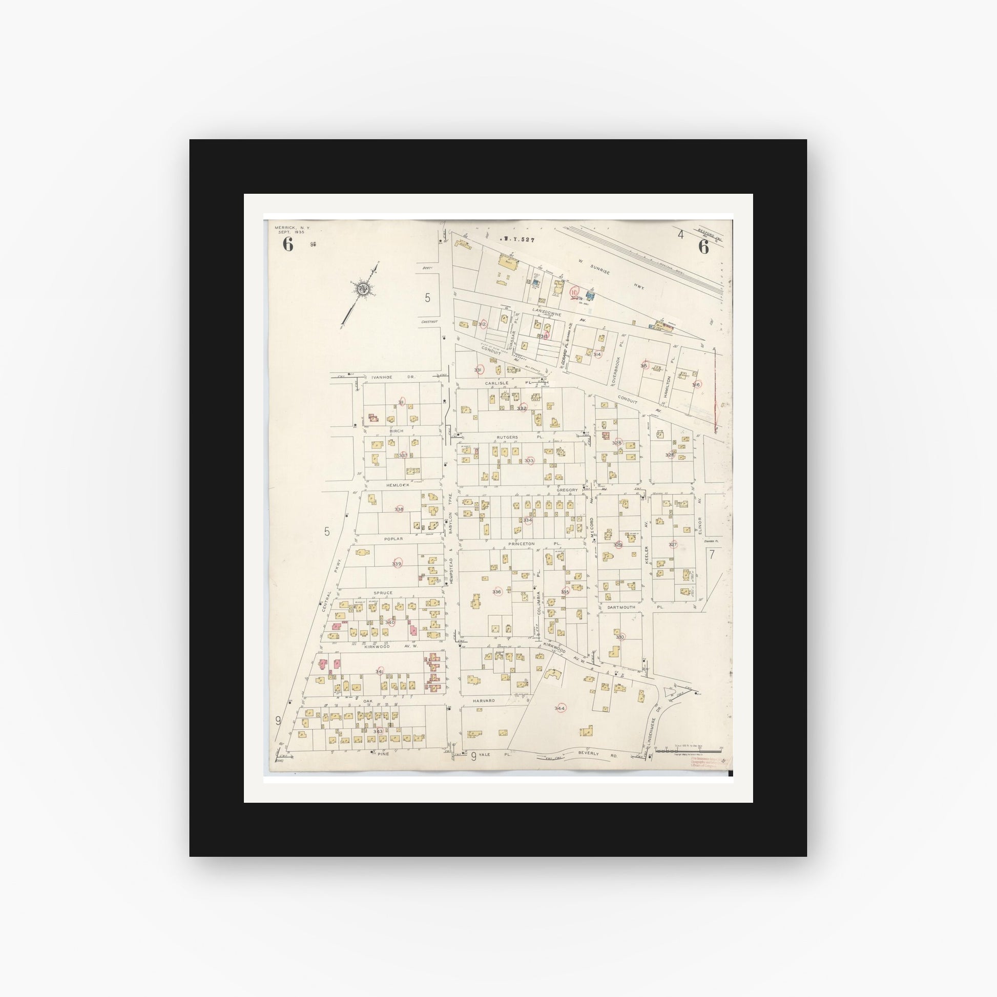 Old map wall art mockup — black gallery frame with white mat — Sanborn Fire Insurance Map from Merrick, Nassau County, New York (1947), Sheet #0006