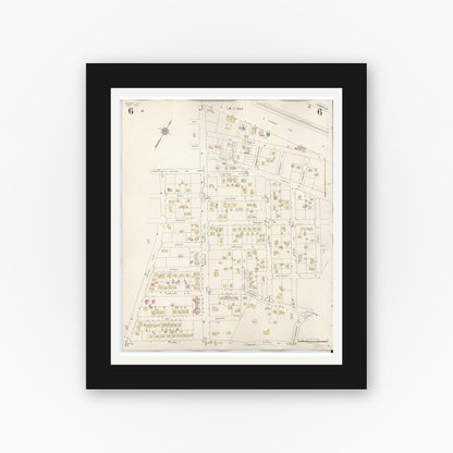 Old map wall art mockup — black gallery frame with white mat — Sanborn Fire Insurance Map from Merrick, Nassau County, New York (1947), Sheet #0006