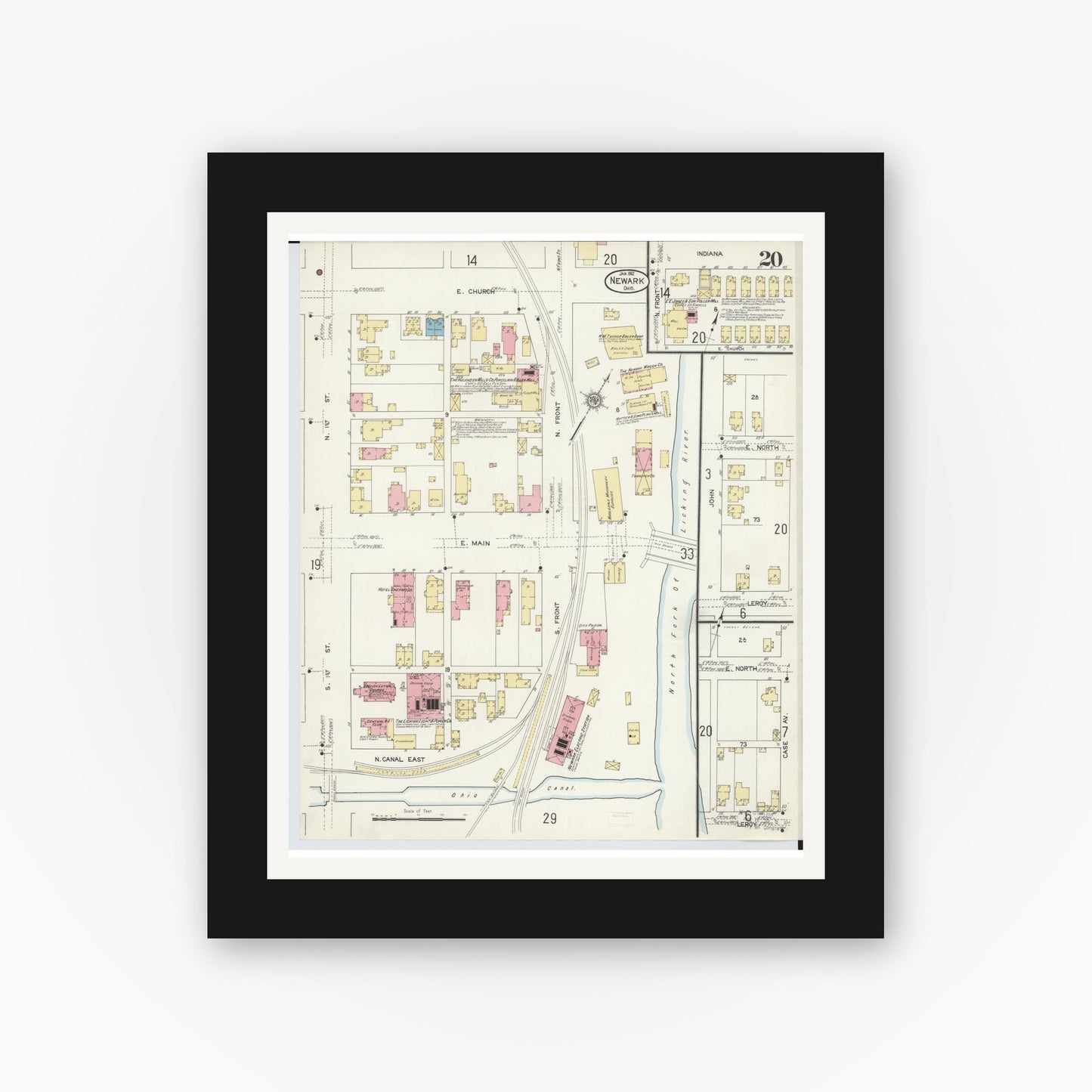 Old map wall art mockup — black gallery frame with white mat — Sanborn Fire Insurance Map from Newark, Licking County, Ohio (1912), Sheet #0020