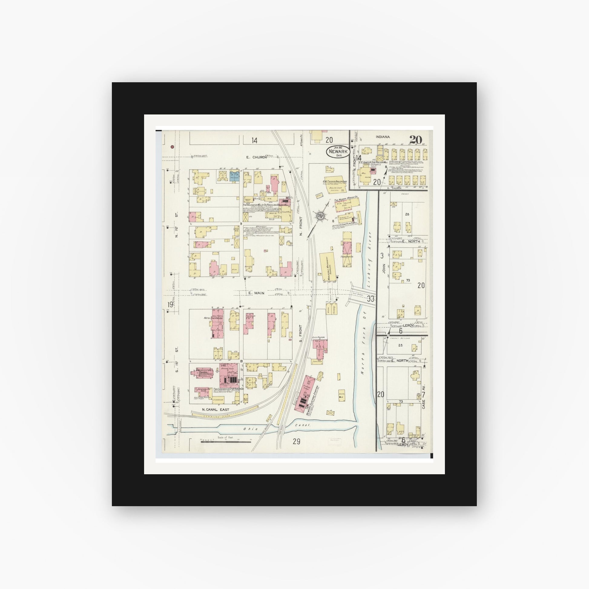 Old map wall art mockup — black gallery frame with white mat — Sanborn Fire Insurance Map from Newark, Licking County, Ohio (1912), Sheet #0020