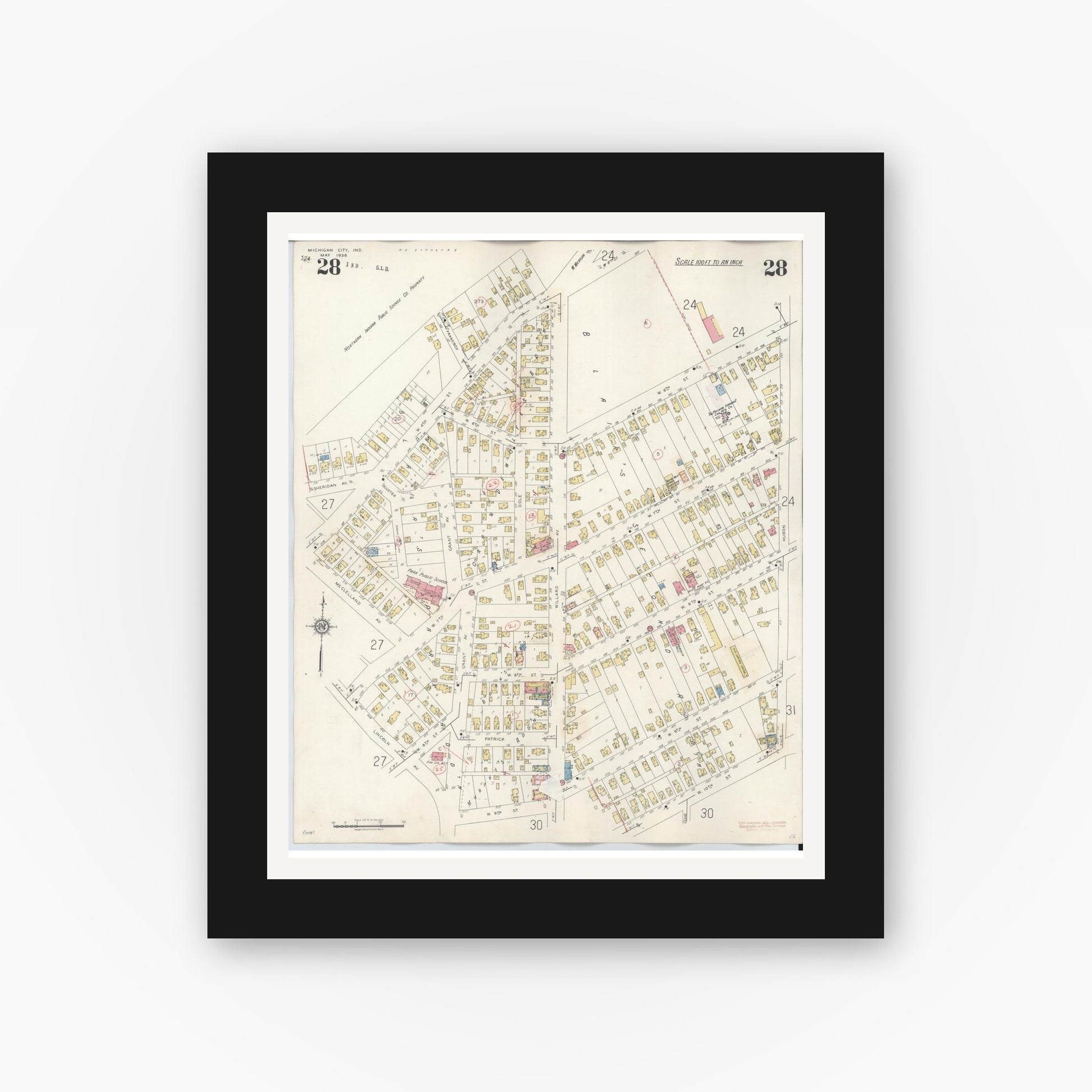 Old map wall art mockup — black gallery frame with white mat — Sanborn Fire Insurance Map from Michigan City, La Porte County, Indiana (1948), Sheet #0028