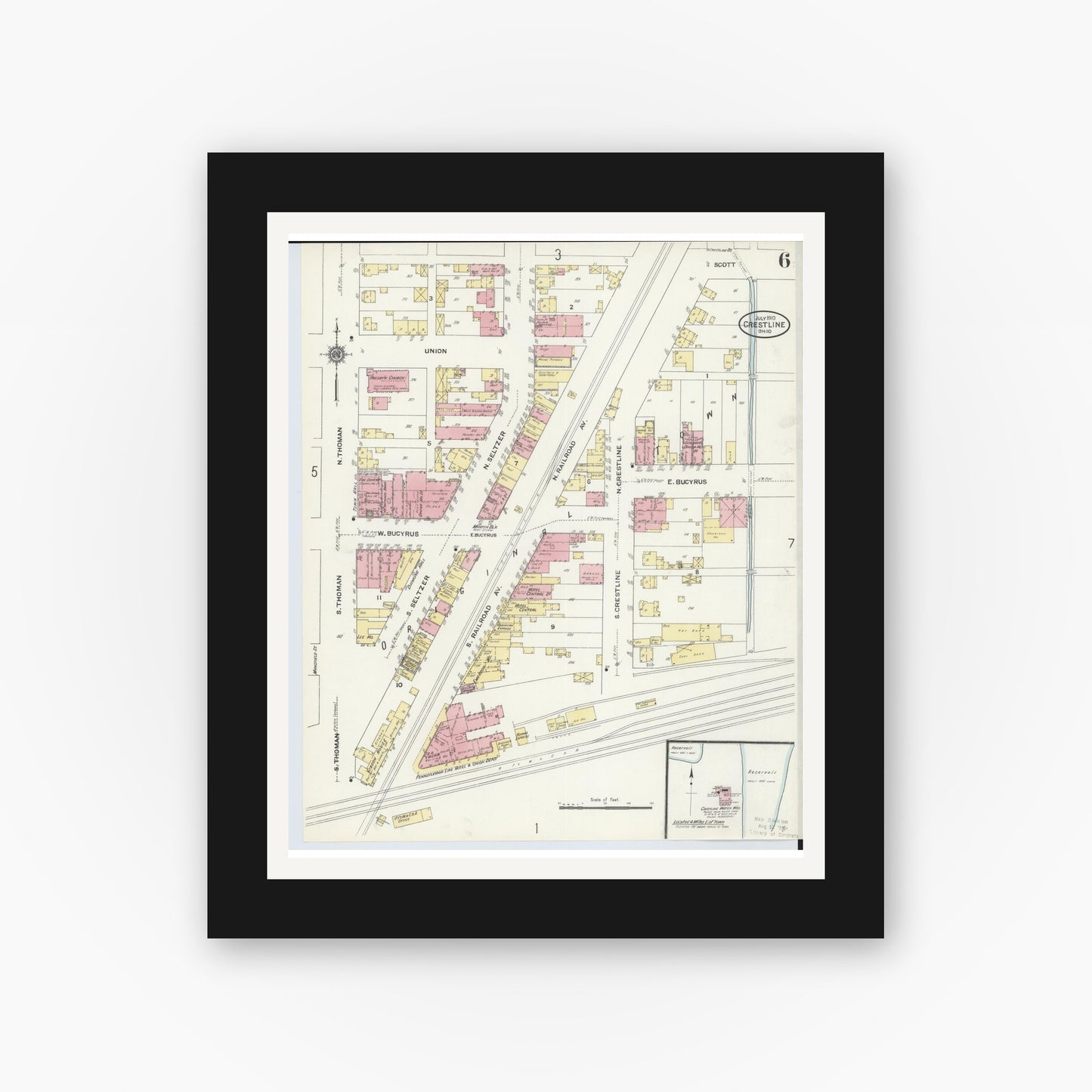 Old map wall art mockup — black gallery frame with white mat — Sanborn Fire Insurance Map from Crestline, Crawford County, Ohio (1910), Sheet #0006