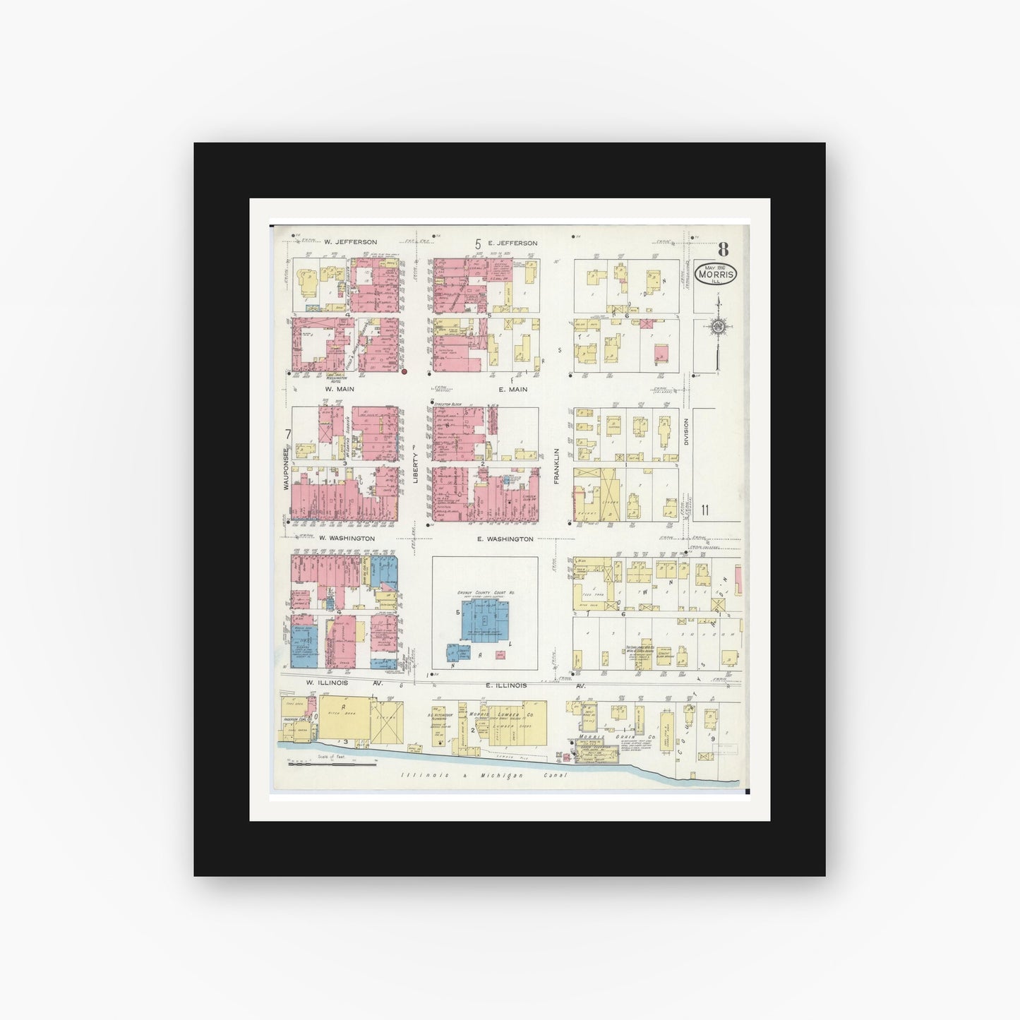 Old map wall art mockup — black gallery frame with white mat — Sanborn Fire Insurance Map from Morris, Grundy County, Illinois (1916), Sheet #0008